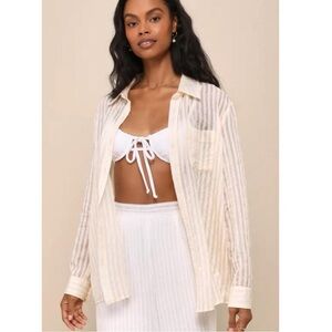Lulus button up coverup top ivory and beige striped